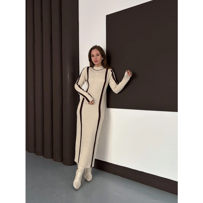 Çizgi Desen Triko Elbise Taş