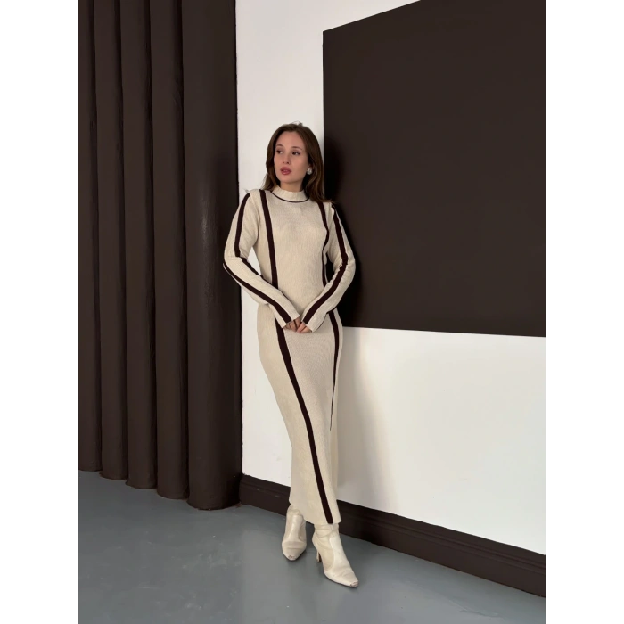 Çizgi Desen Triko Elbise Taş