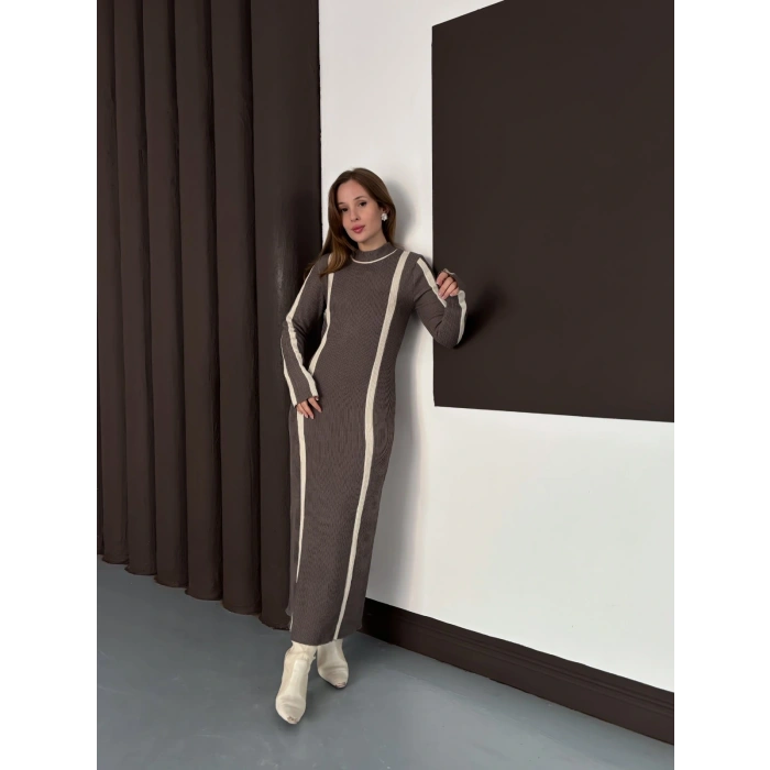 Çizgi Desen Triko Elbise Vizon