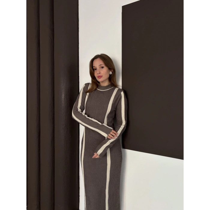 Çizgi Desen Triko Elbise Vizon