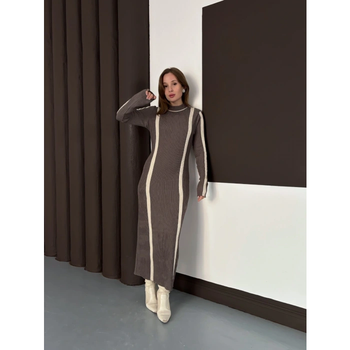 Çizgi Desen Triko Elbise Vizon