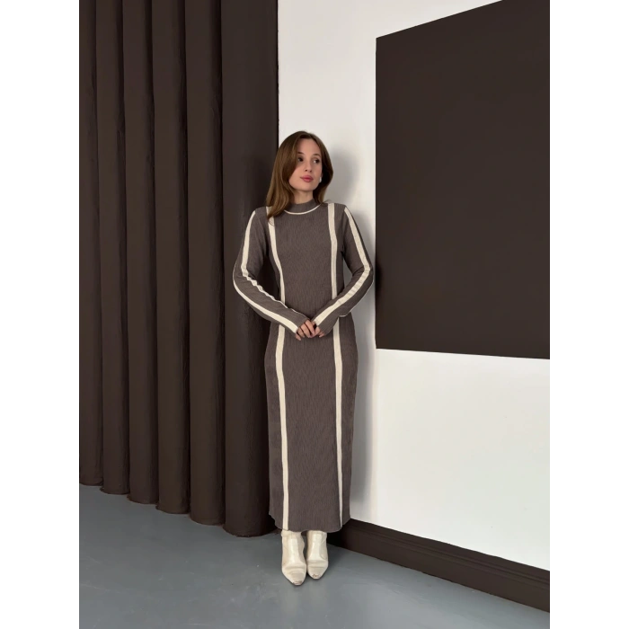 Çizgi Desen Triko Elbise Vizon