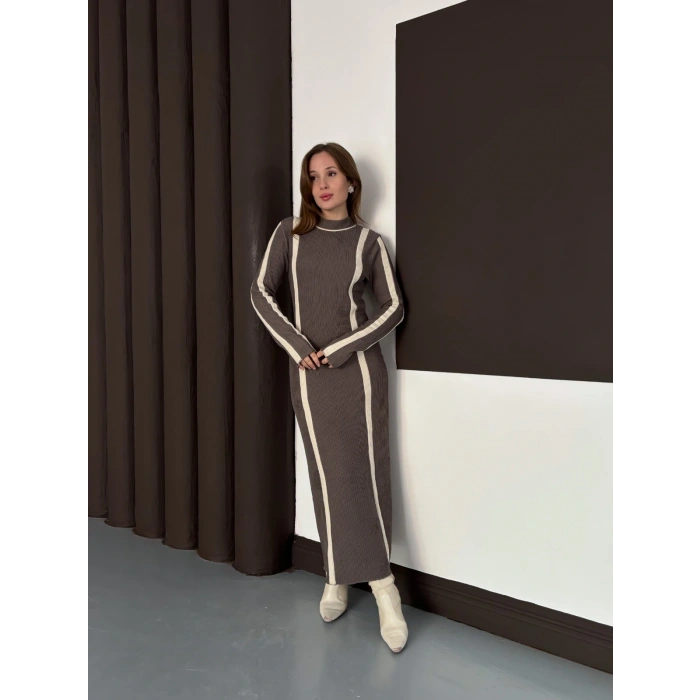 Çizgi Desen Triko Elbise Vizon