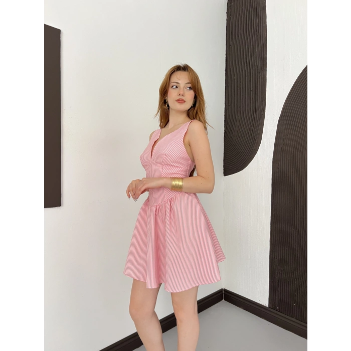 Çizgi Desen V Yaka Gofre Elbise Pembe