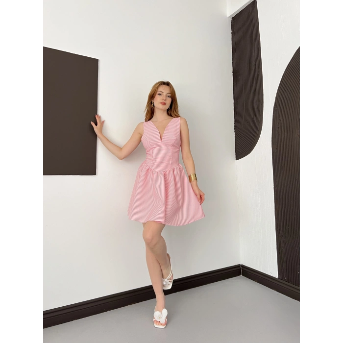 Çizgi Desen V Yaka Gofre Elbise Pembe