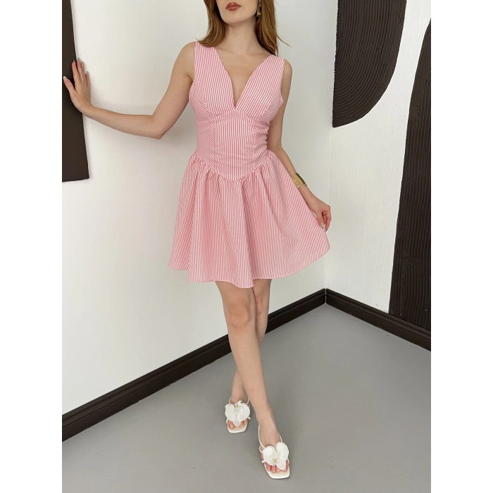 Çizgi Desen V Yaka Gofre Elbise Pembe