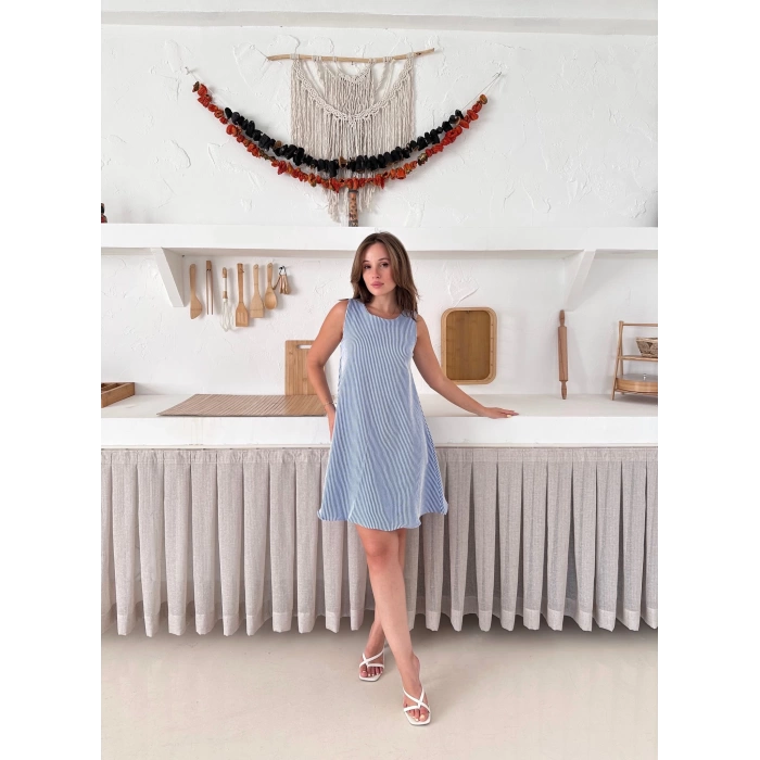 Çizgi Detay Modal Elbise Mavi