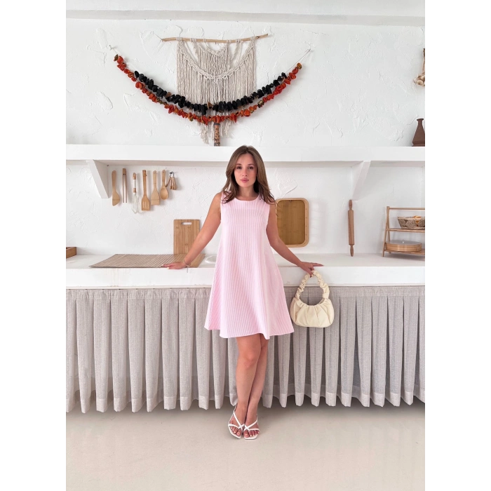 Çizgi Detay Modal Elbise Pembe