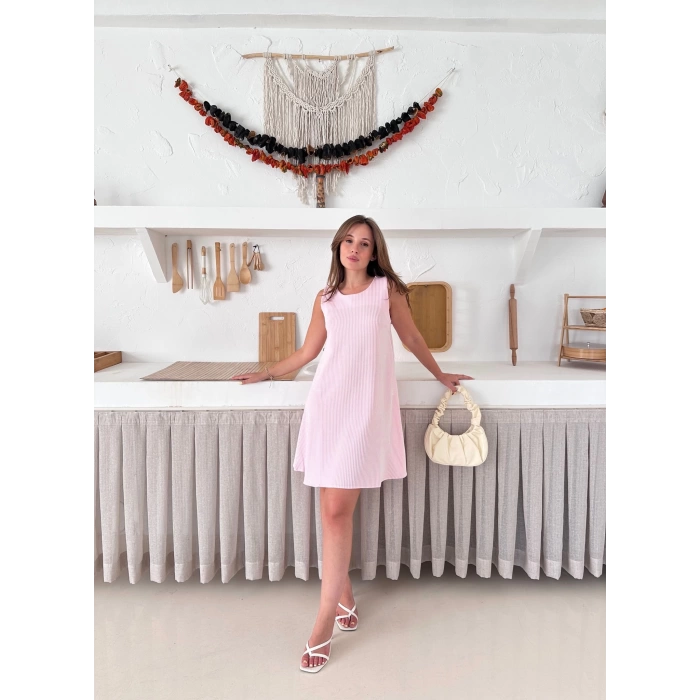 Çizgi Detay Modal Elbise Pembe