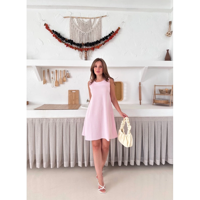 Çizgi Detay Modal Elbise Pembe
