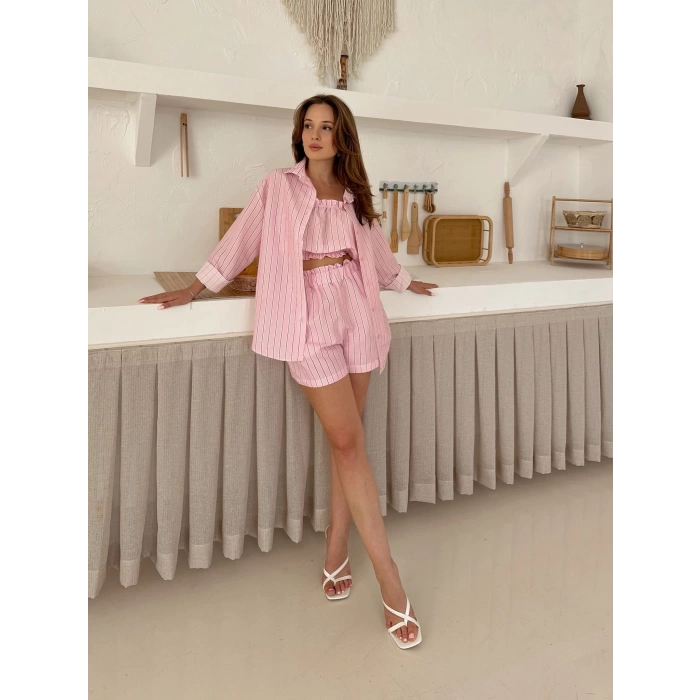 Çizgi Detaylı Üçlü Takım Pembe