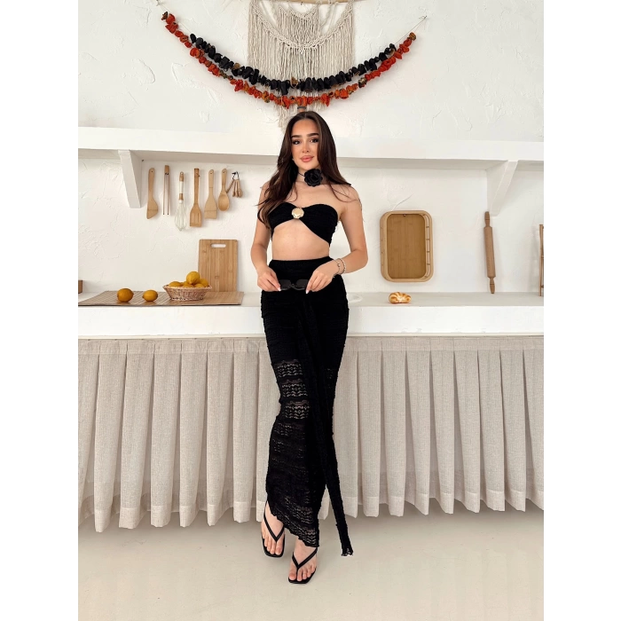 Dantel Detay Crop Takım Siyah