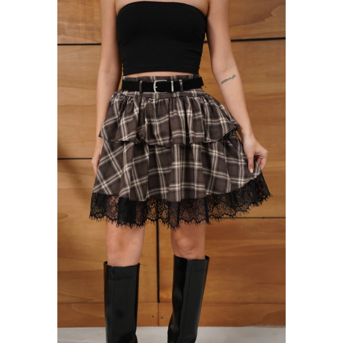 Dantel Detaylı Kemerli Etek Kahverengi