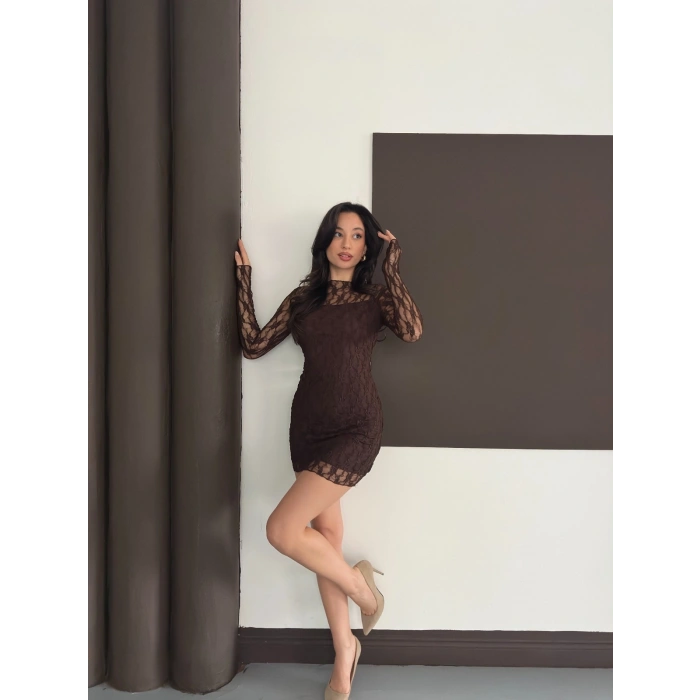 Dantel Detaylı Mini Elbise Acı Kahve