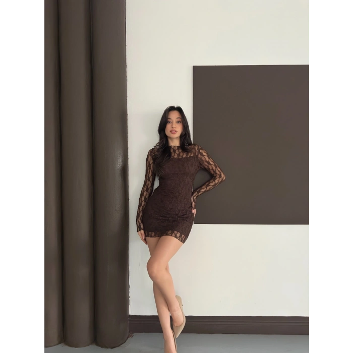 Dantel Detaylı Mini Elbise Acı Kahve
