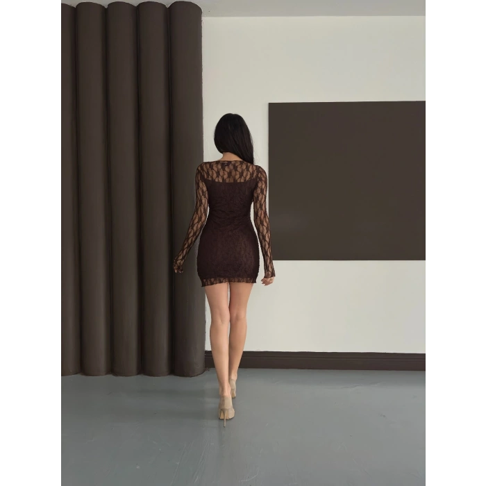 Dantel Detaylı Mini Elbise Acı Kahve