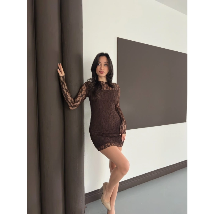 Dantel Detaylı Mini Elbise Acı Kahve