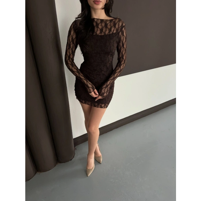 Dantel Detaylı Mini Elbise Acı Kahve