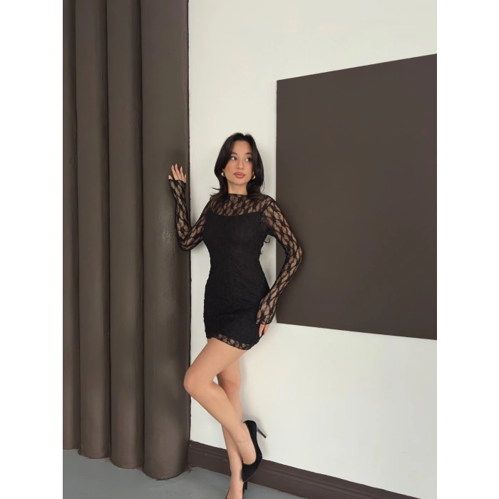 Dantel Detaylı Mini Elbise Siyah