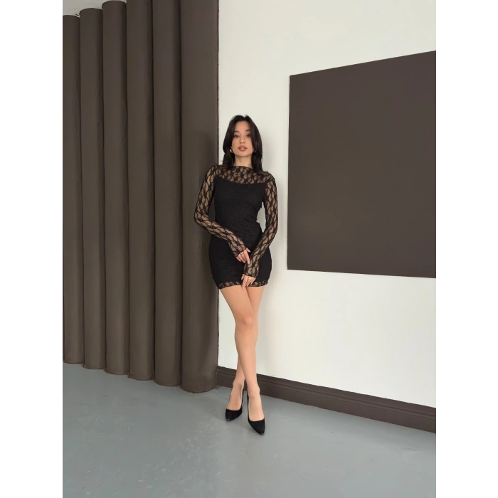 Dantel Detaylı Mini Elbise Siyah