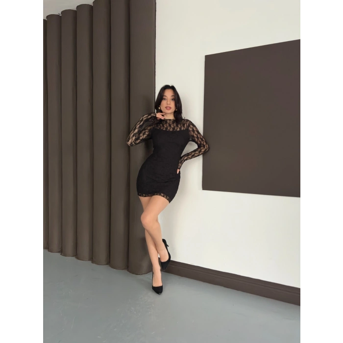 Dantel Detaylı Mini Elbise Siyah