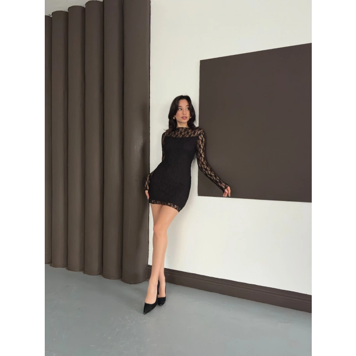 Dantel Detaylı Mini Elbise Siyah