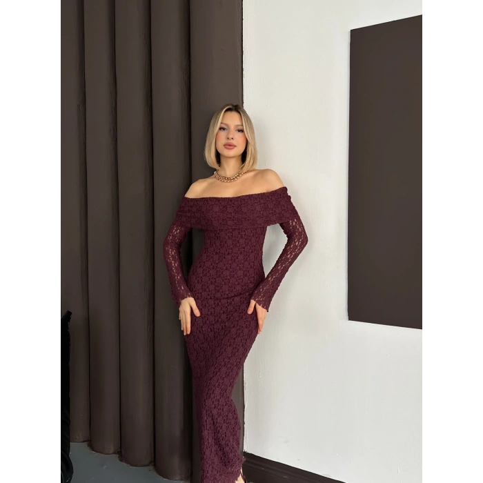 Dantel Madonna Yaka Elbise Mürdüm