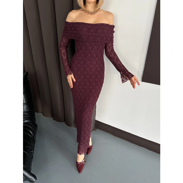 Dantel Madonna Yaka Elbise Mürdüm