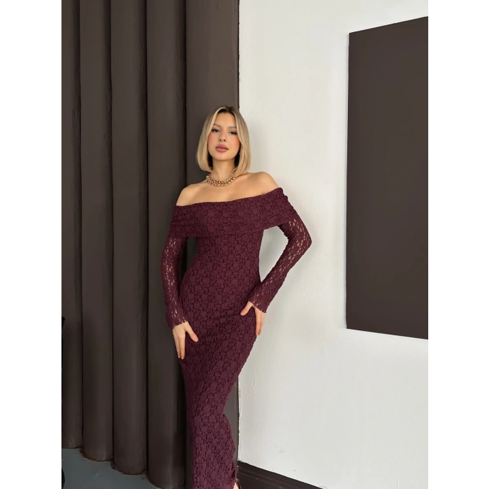 Dantel Madonna Yaka Elbise Mürdüm