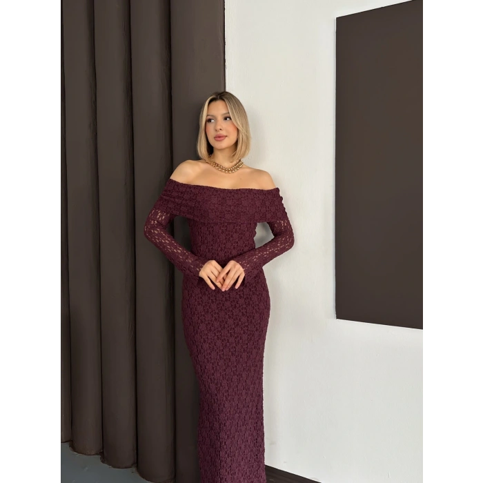 Dantel Madonna Yaka Elbise Mürdüm