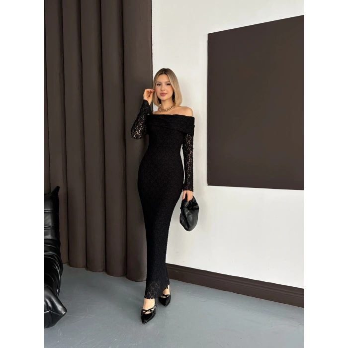 Dantel Madonna Yaka Elbise Siyah