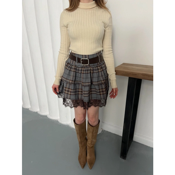 Dantelli Kemer Detaylı Ekose Mini Etek Gri