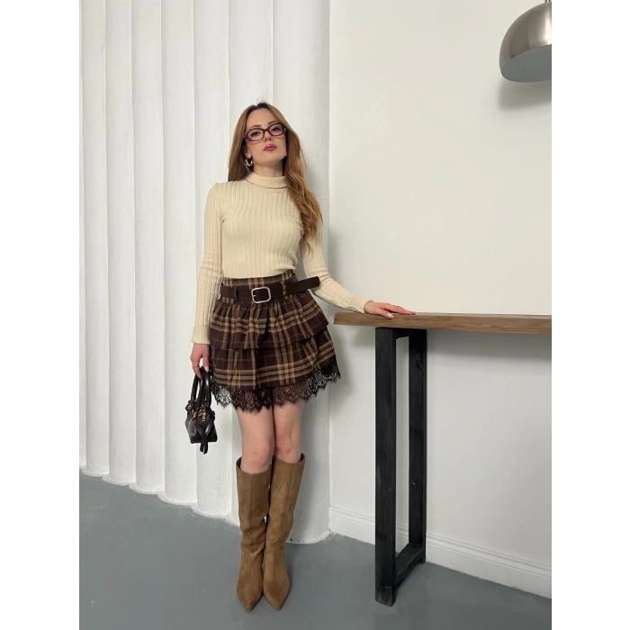 Dantelli Kemer Detaylı Ekose Mini Etek Kahve