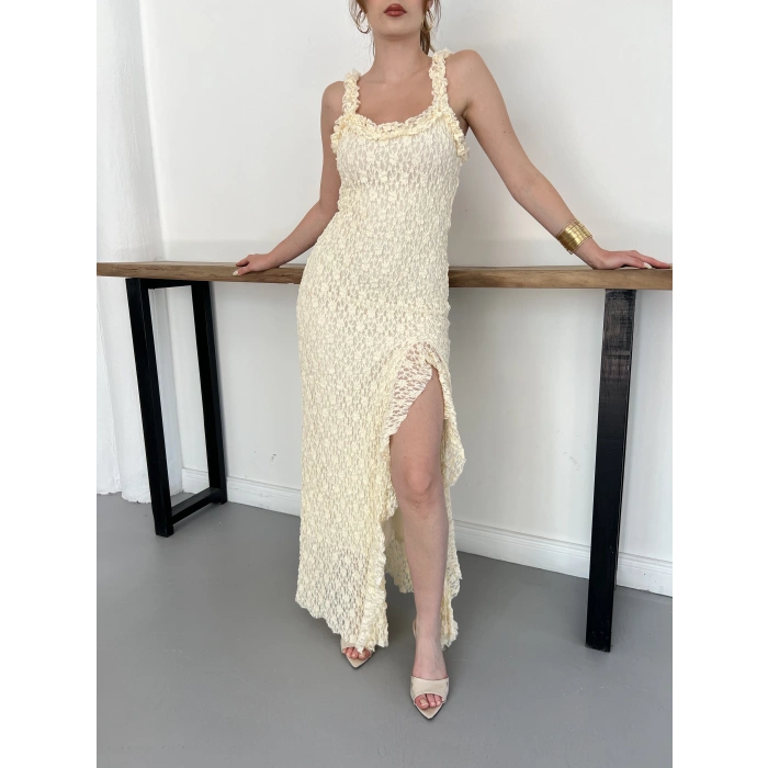 Dantelli Midi Elbise Bej