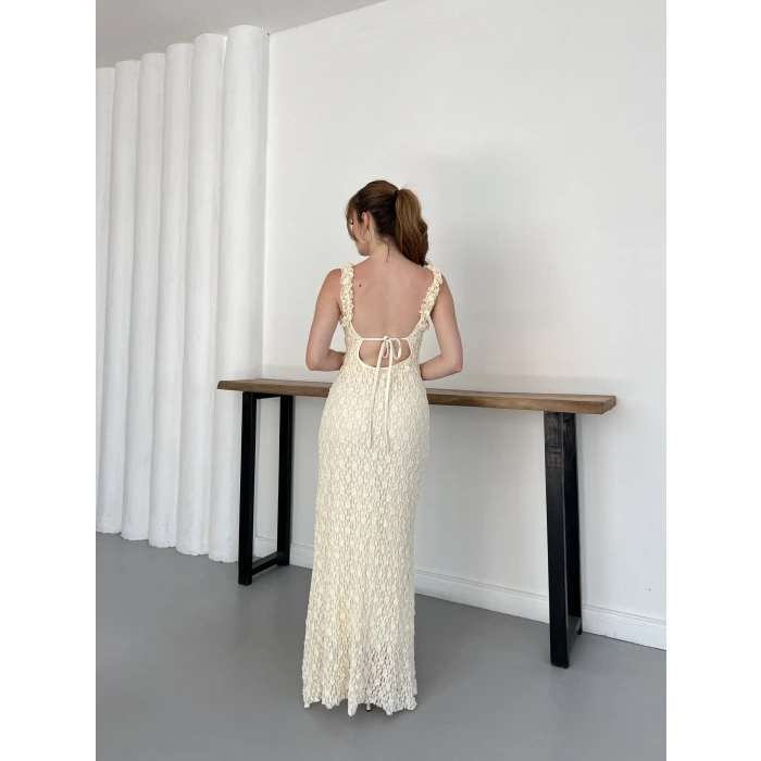 Dantelli Midi Elbise Bej