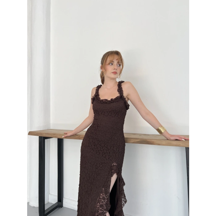 Dantelli Midi Elbise Kahve