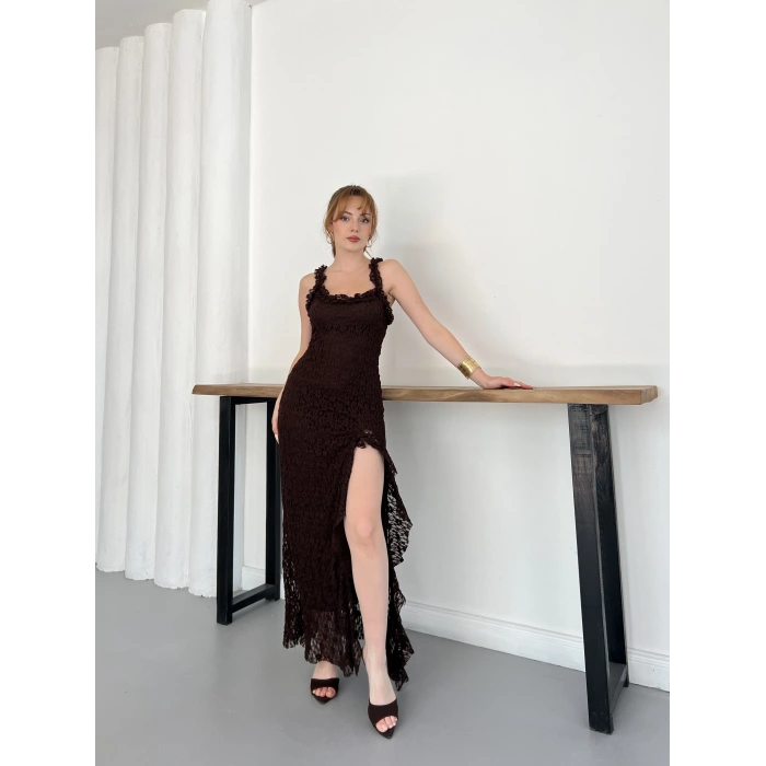 Dantelli Midi Elbise Kahve