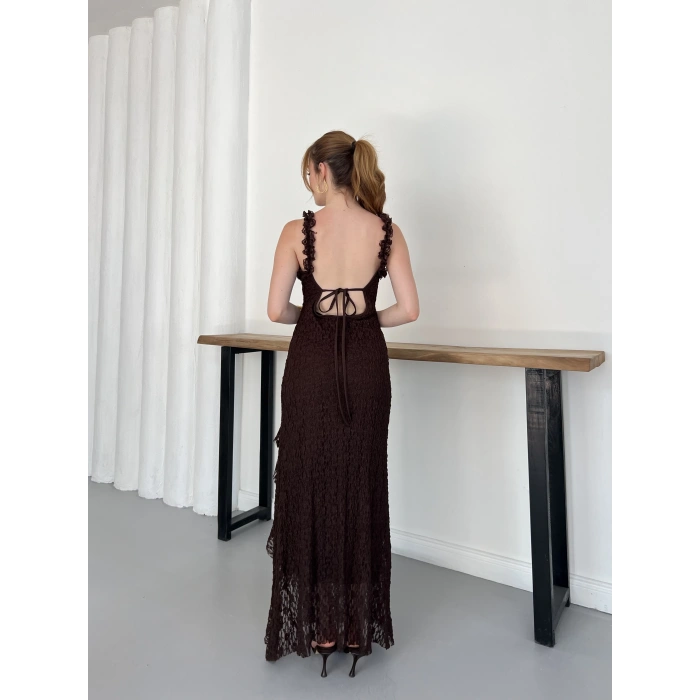 Dantelli Midi Elbise Kahve