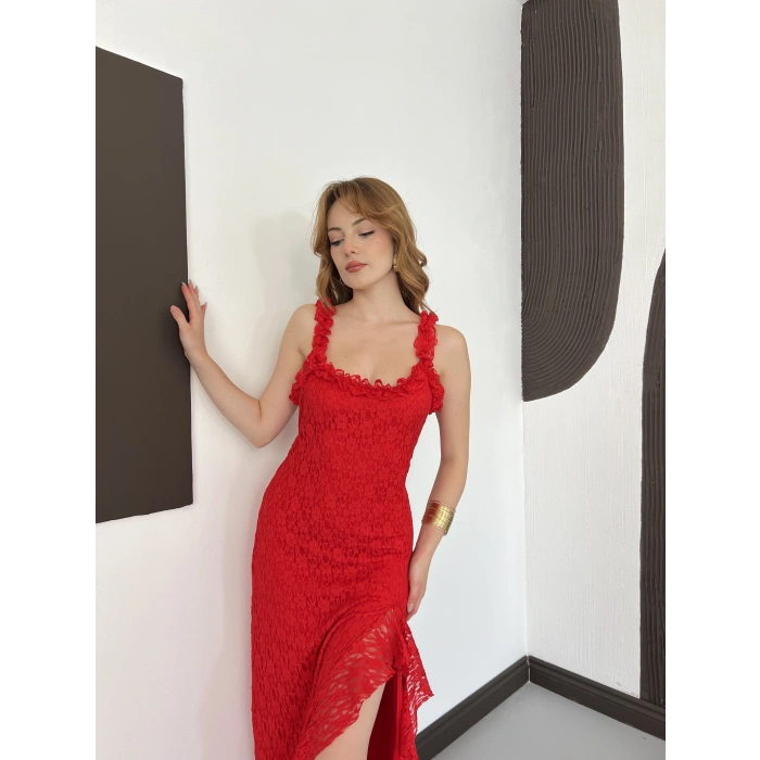Dantelli Midi Elbise Kırmızı