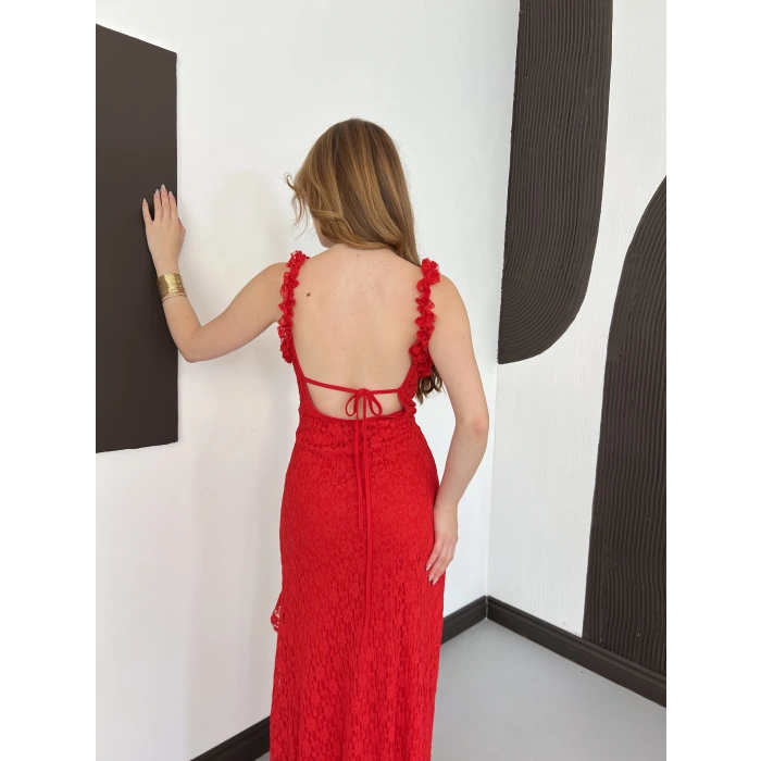 Dantelli Midi Elbise Kırmızı