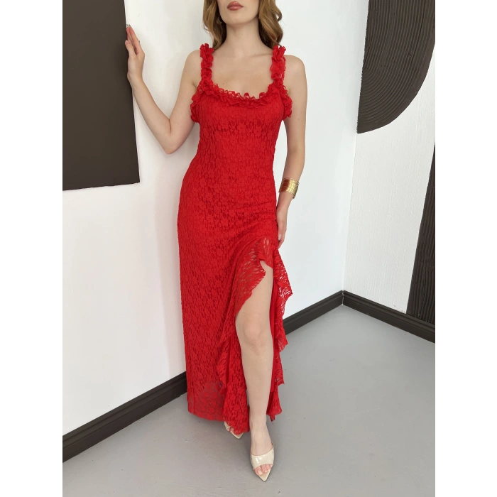 Dantelli Midi Elbise Kırmızı
