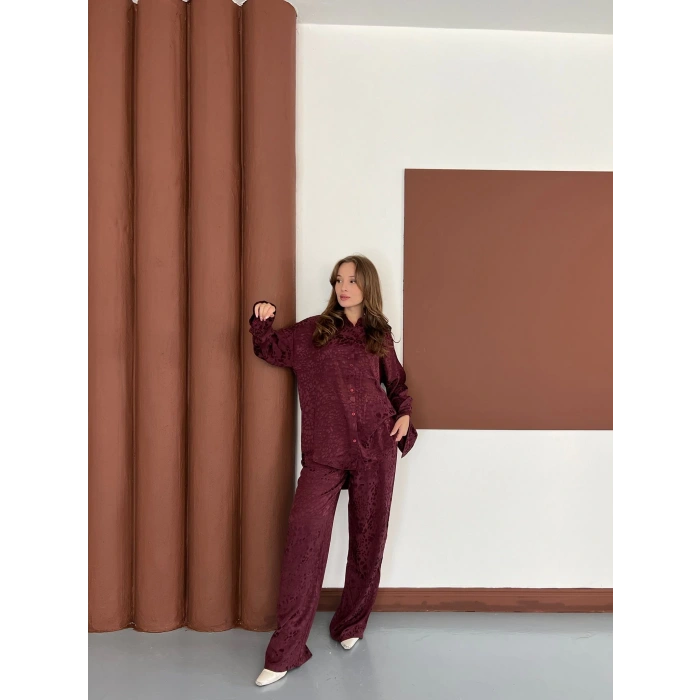 Desenli Gömlek-Pantolon Takım Bordo