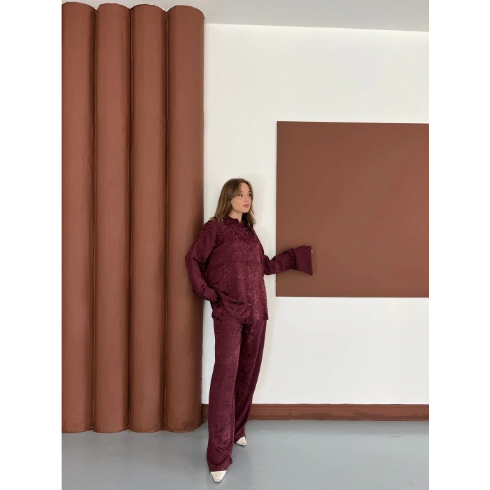 Desenli Gömlek-Pantolon Takım Bordo