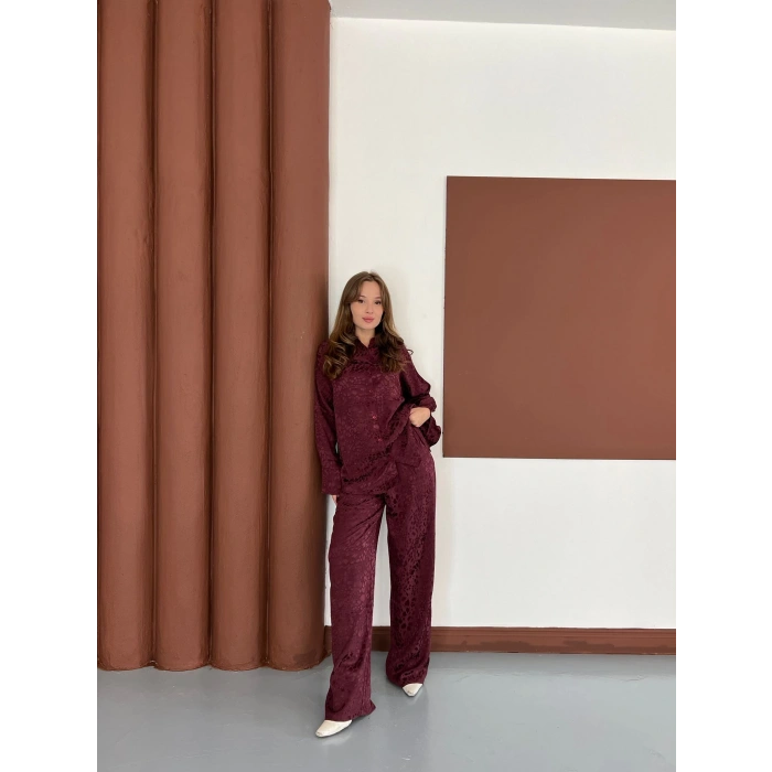 Desenli Gömlek-Pantolon Takım Bordo