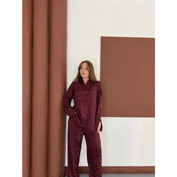Desenli Gömlek-Pantolon Takım Bordo