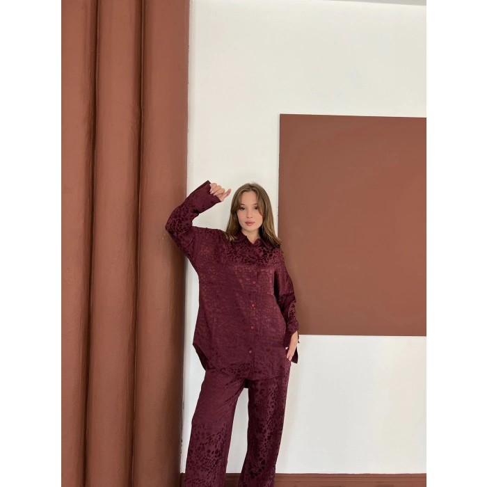 Desenli Gömlek-Pantolon Takım Bordo