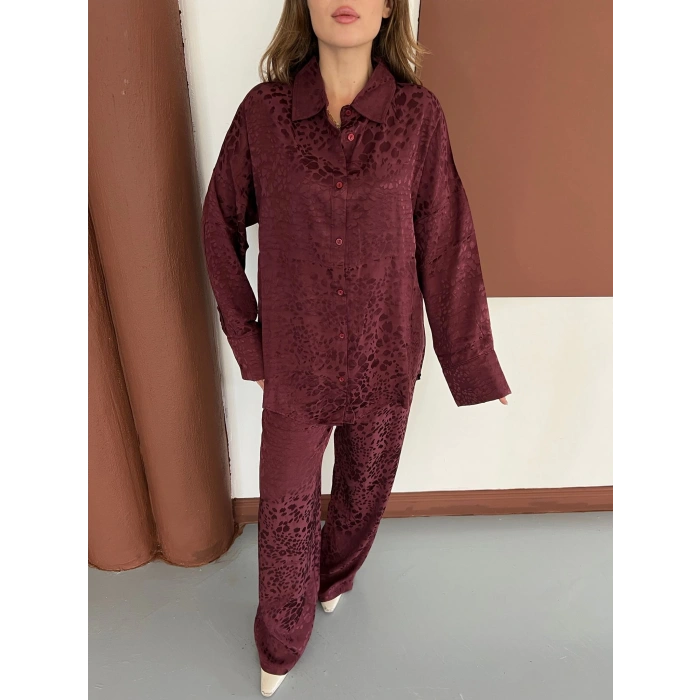 Desenli Gömlek-Pantolon Takım Bordo