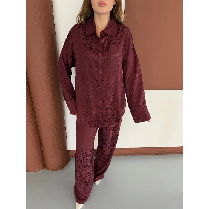 Desenli Gömlek-Pantolon Takım Bordo
