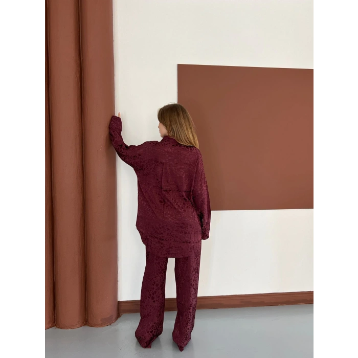 Desenli Gömlek-Pantolon Takım Bordo