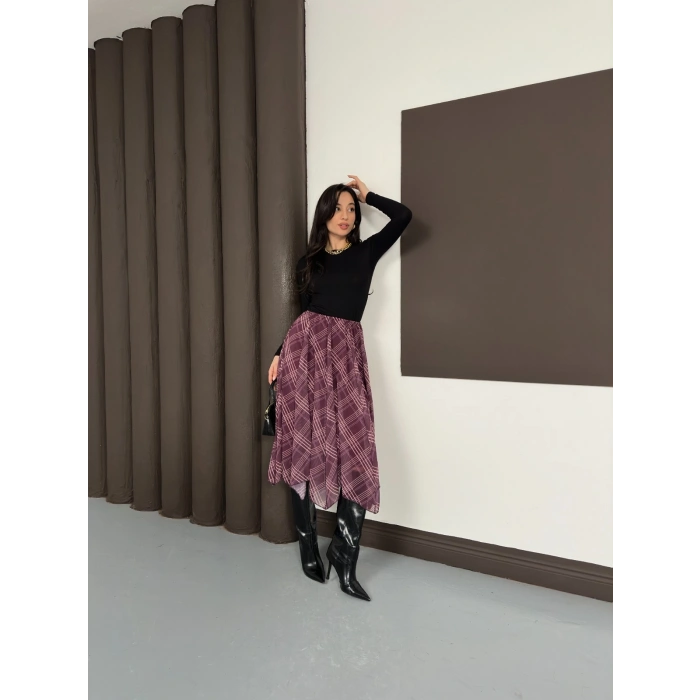 Desenli İçi Astarlı Şifon Etek Bordo